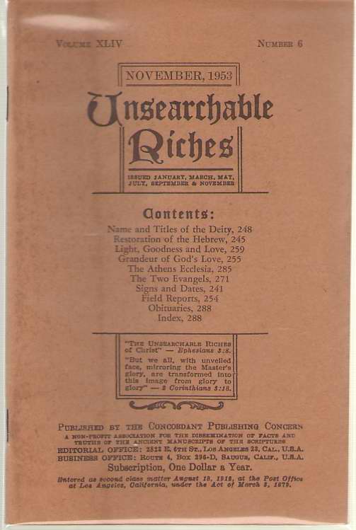 Image for Unsearchable Riches - Volume 44, Number 6 November, 1953