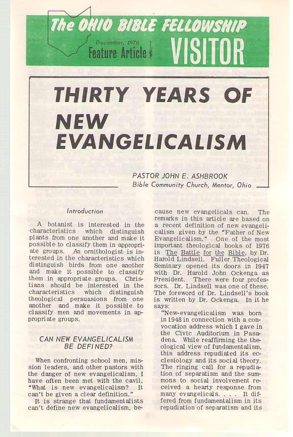 Image for Thirty Year Of New Evangelicalism Ohio Bible Fellowship Visitor, December 1976 Feature Article